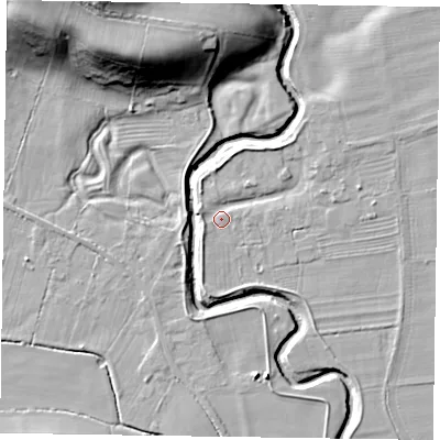 Shaded relief map of the ground around YO626RD, computed from Environment Agency LiDAR. The ground here sits at about 31 m above sea level and falls 25 m across the surrounding 800 m. Surface water reaching this point runs off ground lying to the north-east, 2.4 m higher.