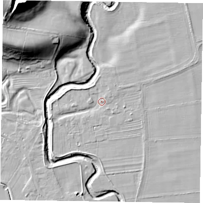 Shaded relief map of the ground around YO626RE, computed from Environment Agency LiDAR. The ground here sits at about 31 m above sea level and falls 39 m across the surrounding 800 m. Surface water reaching this point runs off ground lying to the north-north-west, 2.2 m higher.