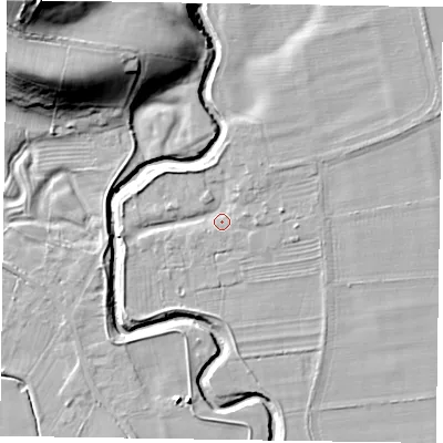 Shaded relief map of the ground around YO626RF, computed from Environment Agency LiDAR. The ground here sits at about 31 m above sea level and falls 32 m across the surrounding 800 m. Surface water reaching this point runs off ground lying to the east, 1.9 m higher.