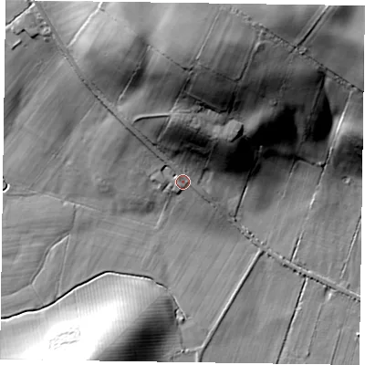 Shaded relief map of the ground around YO626RG, computed from Environment Agency LiDAR. The ground here sits at about 36 m above sea level and falls 41 m across the surrounding 800 m. Surface water reaching this point runs off ground lying to the north, 18.7 m higher.