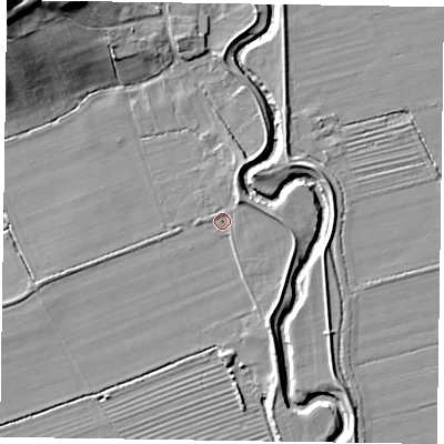 Shaded relief map of the ground around YO626RJ, computed from Environment Agency LiDAR. The ground here sits at about 27 m above sea level and falls 21 m across the surrounding 800 m. Surface water reaching this point runs off ground lying to the north-east, 2.1 m higher.