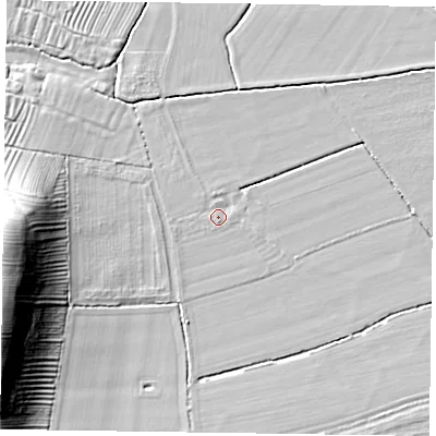 Shaded relief map of the ground around YO626RL, computed from Environment Agency LiDAR. The ground here sits at about 25 m above sea level and falls 22 m across the surrounding 800 m. Surface water reaching this point runs off ground lying to the west, 18.7 m higher.