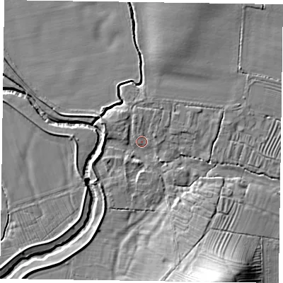 Shaded relief map of the ground around YO626RN, computed from Environment Agency LiDAR. The ground here sits at about 26 m above sea level and falls 18 m across the surrounding 800 m. Surface water reaching this point runs off ground lying to the west-south-west, 3.3 m higher.