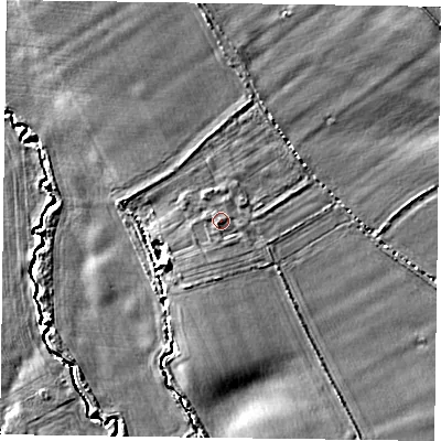 Shaded relief map of the ground around YO626RP, computed from Environment Agency LiDAR. The ground here sits at about 30 m above sea level and falls 7 m across the surrounding 800 m. Surface water reaching this point runs off ground lying to the east-north-east, 0.8 m higher.