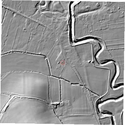Shaded relief map of the ground around YO626RQ, computed from Environment Agency LiDAR. The ground here sits at about 30 m above sea level and falls 18 m across the surrounding 800 m. Surface water reaching this point runs off ground lying to the north-north-east, 1.1 m higher.