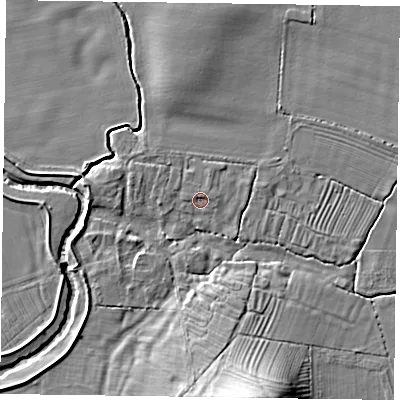 Shaded relief map of the ground around YO626RR, computed from Environment Agency LiDAR. The ground here sits at about 26 m above sea level and falls 15 m across the surrounding 800 m. Surface water reaching this point runs off ground lying to the north-east, 1.3 m higher.