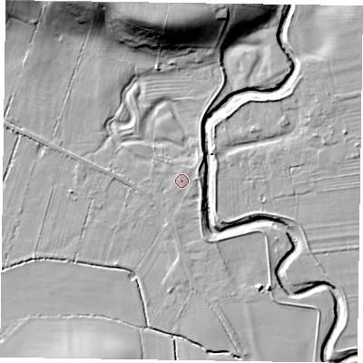 Shaded relief map of the ground around YO626RT, computed from Environment Agency LiDAR. The ground here sits at about 31 m above sea level and falls 23 m across the surrounding 800 m. Surface water reaching this point runs off ground lying to the east-north-east, 1.1 m higher.