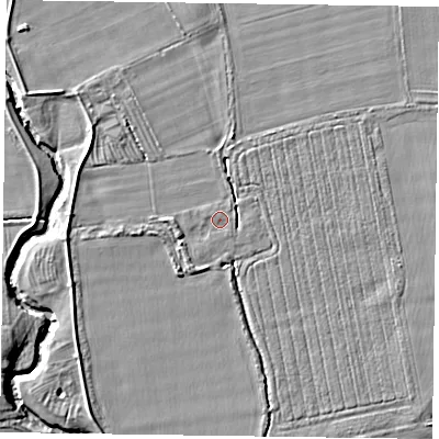 Shaded relief map of the ground around YO626RW, computed from Environment Agency LiDAR. The ground here sits at about 27 m above sea level and falls 7 m across the surrounding 800 m. Surface water reaching this point runs off ground lying to the north-west, 2.3 m higher.