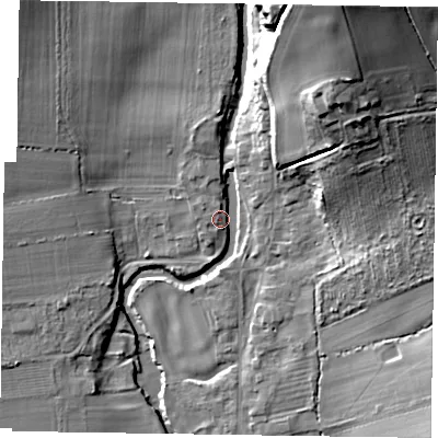 Shaded relief map of the ground around YO626RY, computed from Environment Agency LiDAR. The ground here sits at about 39 m above sea level and falls 39 m across the surrounding 800 m. Surface water reaching this point runs off ground lying to the north-east, 32.3 m higher.