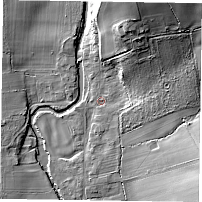 Shaded relief map of the ground around YO626RZ, computed from Environment Agency LiDAR. The ground here sits at about 39 m above sea level and falls 34 m across the surrounding 800 m. Surface water reaching this point runs off ground lying to the north-north-east, 31.0 m higher.