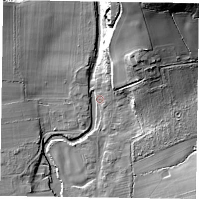 Shaded relief map of the ground around YO626SD, computed from Environment Agency LiDAR. The ground here sits at about 39 m above sea level and falls 47 m across the surrounding 800 m. Surface water reaching this point runs off ground lying to the north-east, 31.3 m higher.