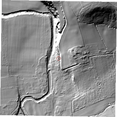 Shaded relief map of the ground around YO626SE, computed from Environment Agency LiDAR. The ground here sits at about 44 m above sea level and falls 68 m across the surrounding 800 m. Surface water reaching this point runs off ground lying to the north-north-east, 34.1 m higher.