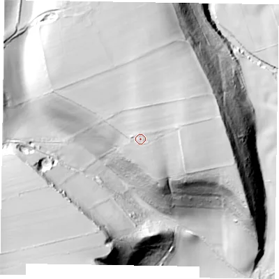 Shaded relief map of the ground around YO626TG, computed from Environment Agency LiDAR. The ground here sits at about 106 m above sea level and falls 75 m across the surrounding 800 m. Surface water reaching this point runs off ground lying to the north, 7.0 m higher.