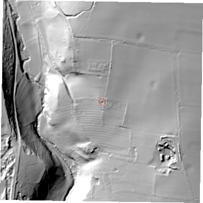 Shaded relief map of the ground around YO626UJ, computed from Environment Agency LiDAR. The ground here sits at about 130 m above sea level and falls 78 m across the surrounding 800 m. Surface water reaching this point runs off ground lying to the north-north-east, 18.6 m higher.