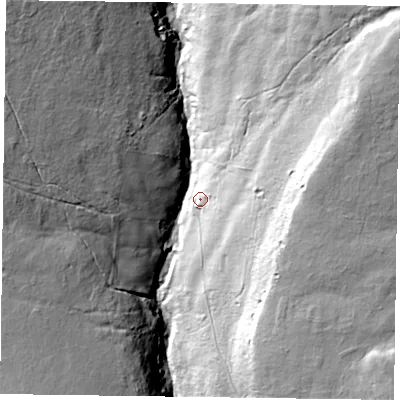 Shaded relief map of the ground around YO626UN, computed from Environment Agency LiDAR. The ground here sits at about 196 m above sea level and falls 82 m across the surrounding 800 m. Surface water reaching this point runs off ground lying to the east-north-east, 40.0 m higher.
