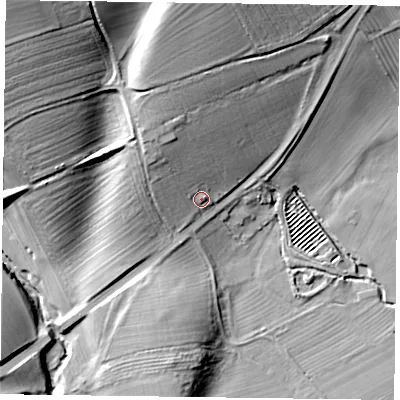 Shaded relief map of the ground around YO627HE, computed from Environment Agency LiDAR. The ground here sits at about 45 m above sea level and falls 36 m across the surrounding 800 m. Surface water reaching this point runs off ground lying to the north-west, 10.1 m higher.