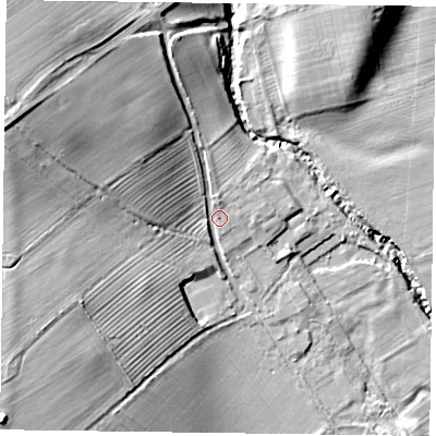 Shaded relief map of the ground around YO627HG, computed from Environment Agency LiDAR. The ground here sits at about 42 m above sea level and falls 24 m across the surrounding 800 m. Surface water reaching this point runs off ground lying to the west-north-west, 16.3 m higher.