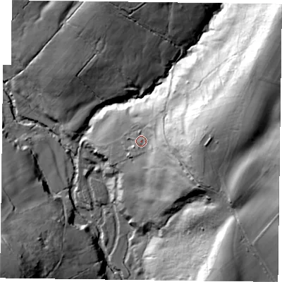 Shaded relief map of the ground around YO627JG, computed from Environment Agency LiDAR. The ground here sits at about 114 m above sea level and falls 71 m across the surrounding 800 m. Surface water reaching this point runs off ground lying to the east, 12.3 m higher.