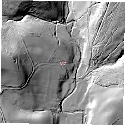 Shaded relief map of the ground around YO627JU, computed from Environment Agency LiDAR. The ground here sits at about 87 m above sea level and falls 65 m across the surrounding 800 m. Surface water reaching this point runs off ground lying to the west, 46.4 m higher.