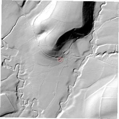 Shaded relief map of the ground around YO627LF, computed from Environment Agency LiDAR. The ground here sits at about 144 m above sea level and falls 77 m across the surrounding 800 m. Surface water reaching this point runs off ground lying to the north-north-west, 38.1 m higher.