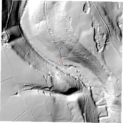 Shaded relief map of the ground around YO627LS, computed from Environment Agency LiDAR. The ground here sits at about 49 m above sea level and falls 77 m across the surrounding 800 m. Surface water reaching this point runs off ground lying to the north-north-east, 68.9 m higher.