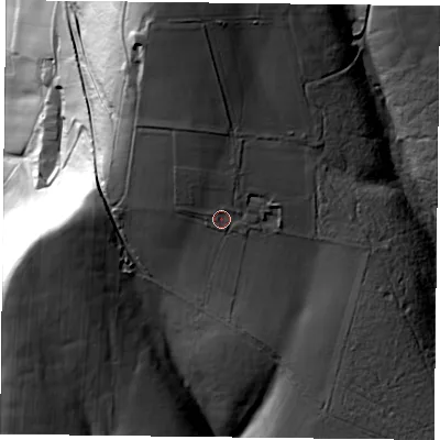 Shaded relief map of the ground around YO627TF, computed from Environment Agency LiDAR. The ground here sits at about 245 m above sea level and falls 81 m across the surrounding 800 m. Surface water reaching this point runs off ground lying to the north-north-west, 19.8 m higher.