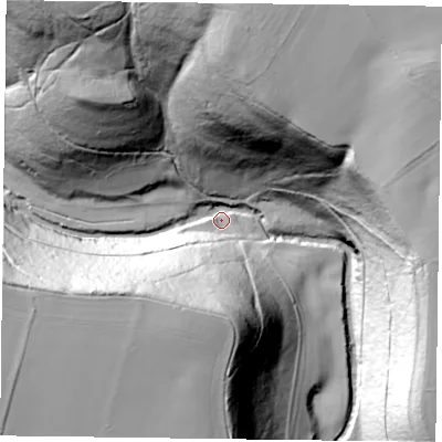 Shaded relief map of the ground around YO627TY, computed from Environment Agency LiDAR. The ground here sits at about 54 m above sea level and falls 84 m across the surrounding 800 m. Surface water reaching this point runs off ground lying to the north-north-west, 73.0 m higher.
