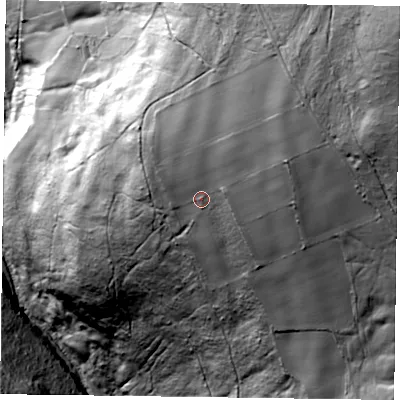 Shaded relief map of the ground around YO627XJ, computed from Environment Agency LiDAR. The ground here sits at about 173 m above sea level and falls 145 m across the surrounding 800 m. Surface water reaching this point runs off ground lying to the east-north-east, 54.8 m higher.