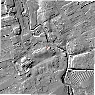 Shaded relief map of the ground around YO71AA, computed from Environment Agency LiDAR. The ground here sits at about 33 m above sea level and falls 11 m across the surrounding 800 m. Surface water reaching this point runs off ground lying to the west-south-west, 3.3 m higher.