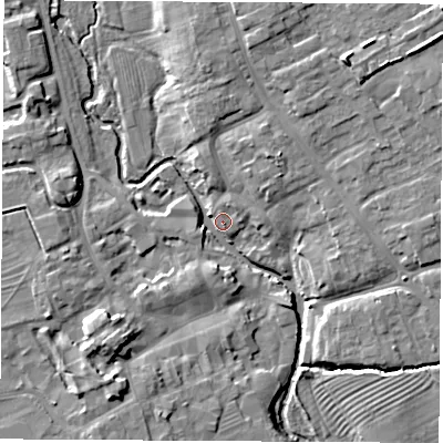 Shaded relief map of the ground around YO71AB, computed from Environment Agency LiDAR. The ground here sits at about 32 m above sea level and falls 11 m across the surrounding 800 m. Surface water reaching this point runs off ground lying to the north-north-east, 7.9 m higher.
