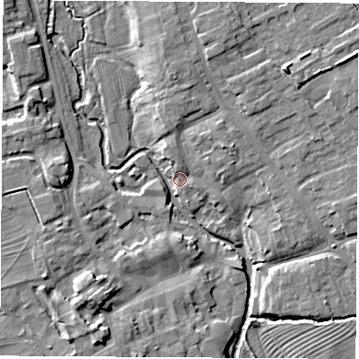 Shaded relief map of the ground around YO71AD, computed from Environment Agency LiDAR. The ground here sits at about 32 m above sea level and falls 11 m across the surrounding 800 m. Surface water reaching this point runs off ground lying to the north-north-east, 7.6 m higher.