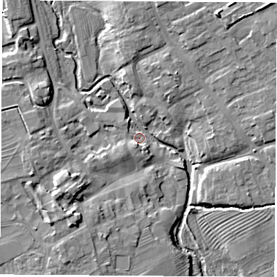 Shaded relief map of the ground around YO71AE, computed from Environment Agency LiDAR. The ground here sits at about 32 m above sea level and falls 11 m across the surrounding 800 m. Surface water reaching this point runs off ground lying to the south-west, 10.5 m higher.