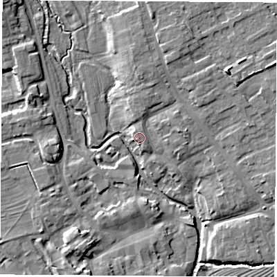 Shaded relief map of the ground around YO71AF, computed from Environment Agency LiDAR. The ground here sits at about 35 m above sea level and falls 11 m across the surrounding 800 m. Surface water reaching this point runs off ground lying to the north-north-west, 0.7 m higher.