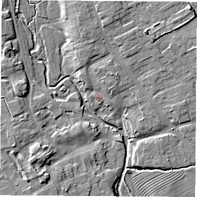 Shaded relief map of the ground around YO71AH, computed from Environment Agency LiDAR. The ground here sits at about 33 m above sea level and falls 11 m across the surrounding 800 m. Surface water reaching this point runs off ground lying to the north-east, 3.8 m higher.