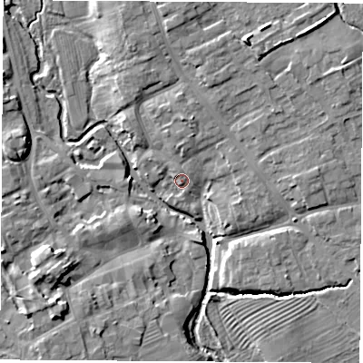 Shaded relief map of the ground around YO71AJ, computed from Environment Agency LiDAR. The ground here sits at about 33 m above sea level and falls 11 m across the surrounding 800 m. Surface water reaching this point runs off ground lying to the north-north-east, 3.0 m higher.
