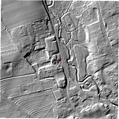 Shaded relief map of the ground around YO71BG, computed from Environment Agency LiDAR. The ground here sits at about 34 m above sea level and falls 11 m across the surrounding 800 m. Surface water reaching this point runs off ground lying to the west, 3.9 m higher.