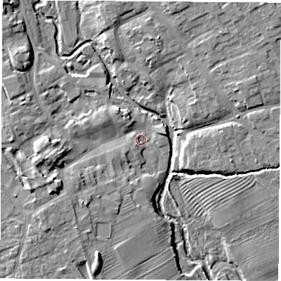 Shaded relief map of the ground around YO71BT, computed from Environment Agency LiDAR. The ground here sits at about 32 m above sea level and falls 12 m across the surrounding 800 m. Surface water reaching this point runs off ground lying to the south-west, 2.3 m higher.