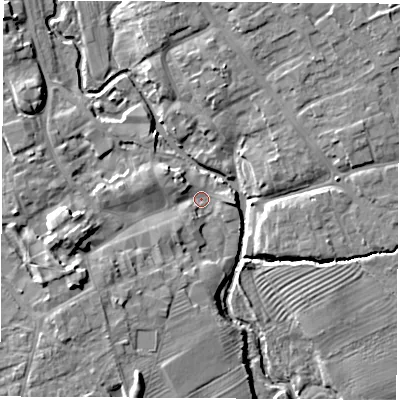 Shaded relief map of the ground around YO71DA, computed from Environment Agency LiDAR. The ground here sits at about 31 m above sea level and falls 12 m across the surrounding 800 m. Surface water reaching this point runs off ground lying to the west-south-west, 8.7 m higher.