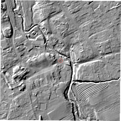 Shaded relief map of the ground around YO71DB, computed from Environment Agency LiDAR. The ground here sits at about 31 m above sea level and falls 12 m across the surrounding 800 m. Surface water reaching this point runs off ground lying to the west-south-west, 8.9 m higher.