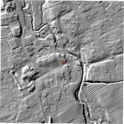 Shaded relief map of the ground around YO71ET, computed from Environment Agency LiDAR. The ground here sits at about 33 m above sea level and falls 12 m across the surrounding 800 m. Surface water reaching this point runs off ground lying to the west-south-west, 8.0 m higher.