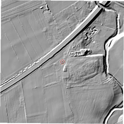 Shaded relief map of the ground around YO71FA, computed from Environment Agency LiDAR. The ground here sits at about 33 m above sea level and falls 12 m across the surrounding 800 m. Surface water reaching this point runs off ground lying to the south-south-east, 2.0 m higher.