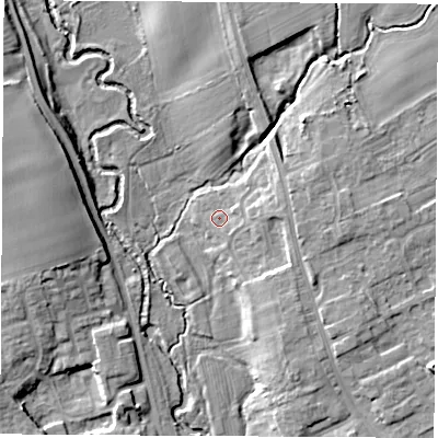 Shaded relief map of the ground around YO71FH, computed from Environment Agency LiDAR. The ground here sits at about 34 m above sea level and falls 11 m across the surrounding 800 m. Surface water reaching this point runs off ground lying to the east, 4.2 m higher.
