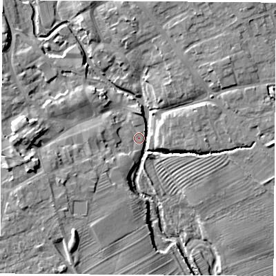 Shaded relief map of the ground around YO71FT, computed from Environment Agency LiDAR. The ground here sits at about 31 m above sea level and falls 12 m across the surrounding 800 m. Surface water reaching this point runs off ground lying to the west, 10.5 m higher.