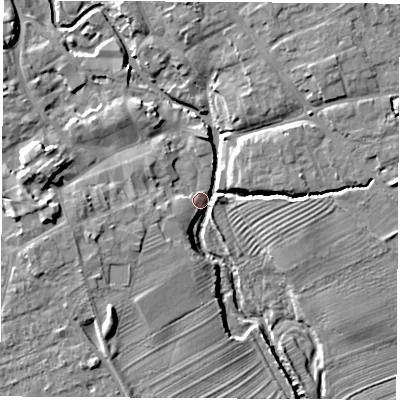 Shaded relief map of the ground around YO71GJ, computed from Environment Agency LiDAR. The ground here sits at about 32 m above sea level and falls 12 m across the surrounding 800 m. Surface water reaching this point runs off ground lying to the west, 10.5 m higher.