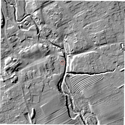 Shaded relief map of the ground around YO71GL, computed from Environment Agency LiDAR. The ground here sits at about 32 m above sea level and falls 12 m across the surrounding 800 m. Surface water reaching this point runs off ground lying to the north-west, 2.9 m higher.