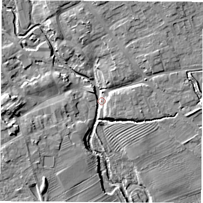 Shaded relief map of the ground around YO71GX, computed from Environment Agency LiDAR. The ground here sits at about 32 m above sea level and falls 12 m across the surrounding 800 m. Surface water reaching this point runs off ground lying to the west, 10.5 m higher.