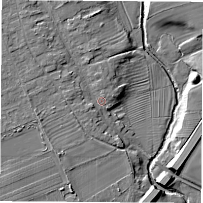 Shaded relief map of the ground around YO71JP, computed from Environment Agency LiDAR. The ground here sits at about 32 m above sea level and falls 10 m across the surrounding 800 m. Surface water reaching this point runs off ground lying to the north-west, 4.0 m higher.