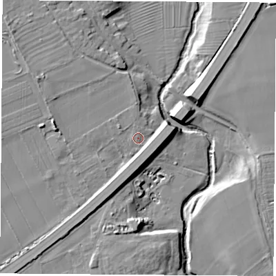 Shaded relief map of the ground around YO71JS, computed from Environment Agency LiDAR. The ground here sits at about 32 m above sea level and falls 11 m across the surrounding 800 m. Surface water reaching this point runs off ground lying to the west, 4.9 m higher.