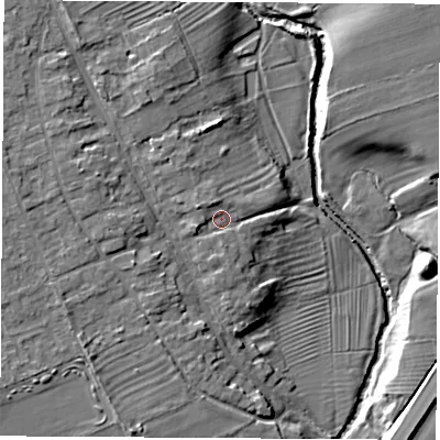 Shaded relief map of the ground around YO71JY, computed from Environment Agency LiDAR. The ground here sits at about 33 m above sea level and falls 10 m across the surrounding 800 m. Surface water reaching this point runs off ground lying to the north-west, 1.7 m higher.