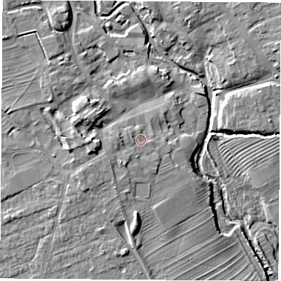 Shaded relief map of the ground around YO71LU, computed from Environment Agency LiDAR. The ground here sits at about 35 m above sea level and falls 12 m across the surrounding 800 m. Surface water reaching this point runs off ground lying to the south-south-west, 2.2 m higher.